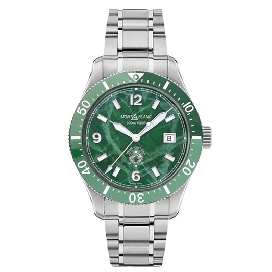 Explore the sophistication of the Montblanc Iced Sea Automatic 41mm Watch, a luxurious sports diving timepiece. Featuring a stainless steel bracelet, it beautifully complements the striking green marbled glacier-pattern dial. Silver hour markers and hands accentuate its design, and a date window at 3 o'clock adds practical functionality.