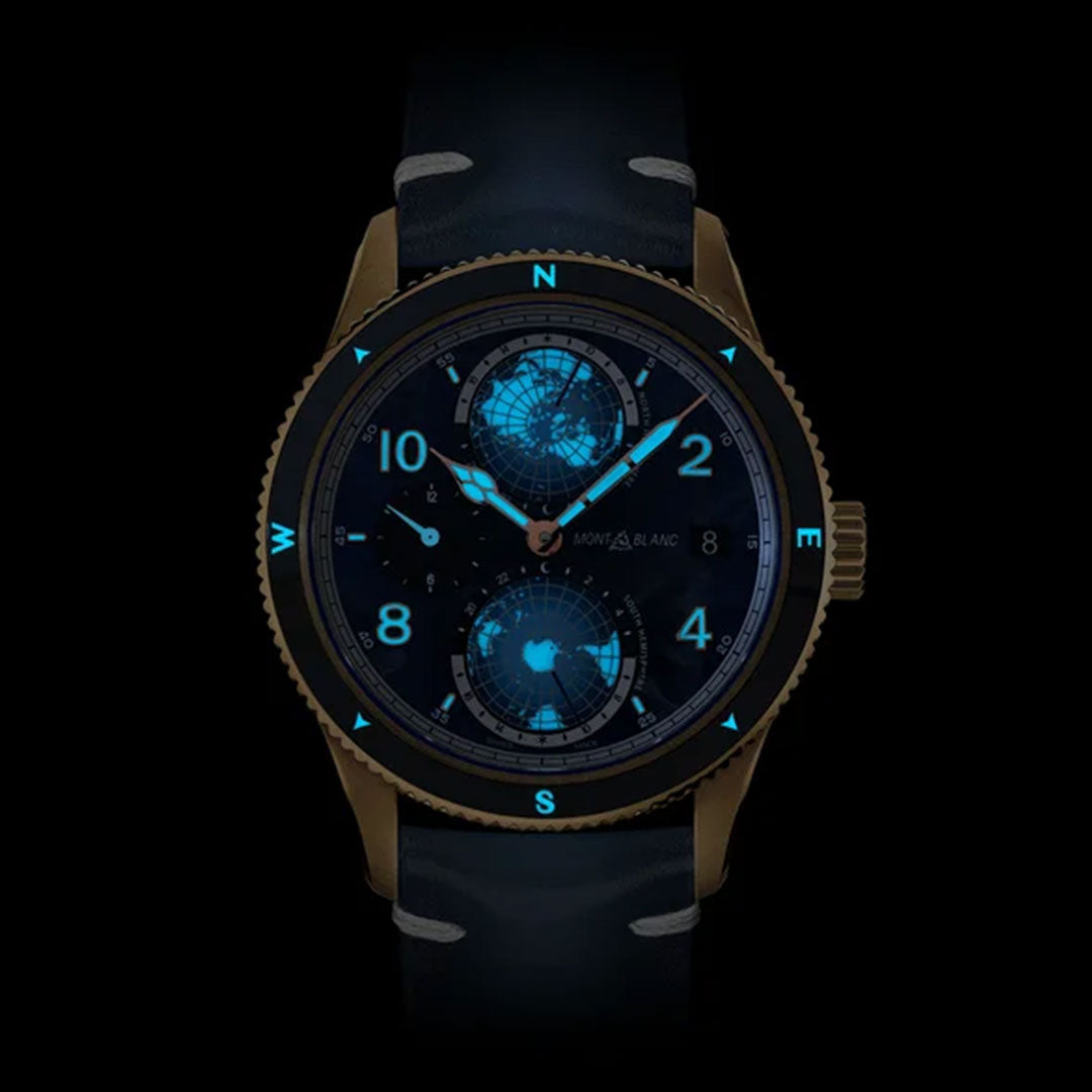 The Montblanc 1858 Geosphere 0 Oxygen The 8000 Automatic 42mm Watch Limited Edition features a dark dial adorned with a vibrant blue geographical map design. This exquisite timepiece showcases an oxygen-free black band, golden casing, and sleek blue markers. Its automatic movement and three rotating map displays elegantly present different world regions.