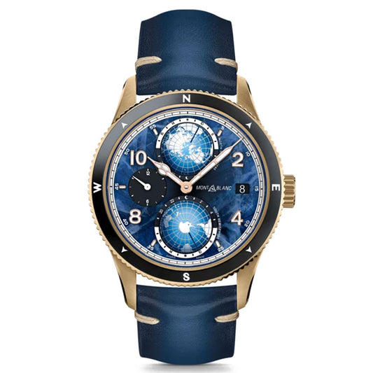 The Montblanc 1858 Geosphere 0 Oxygen The 8000 Automatic 42mm Watch Limited Edition is a luxurious wristwatch by Montblanc, showcasing a blue and gold design with an intricate world map on the dial. It features automatic movement, two subdials, and a date window, along with a blue leather strap and white compass markings on the bezel.