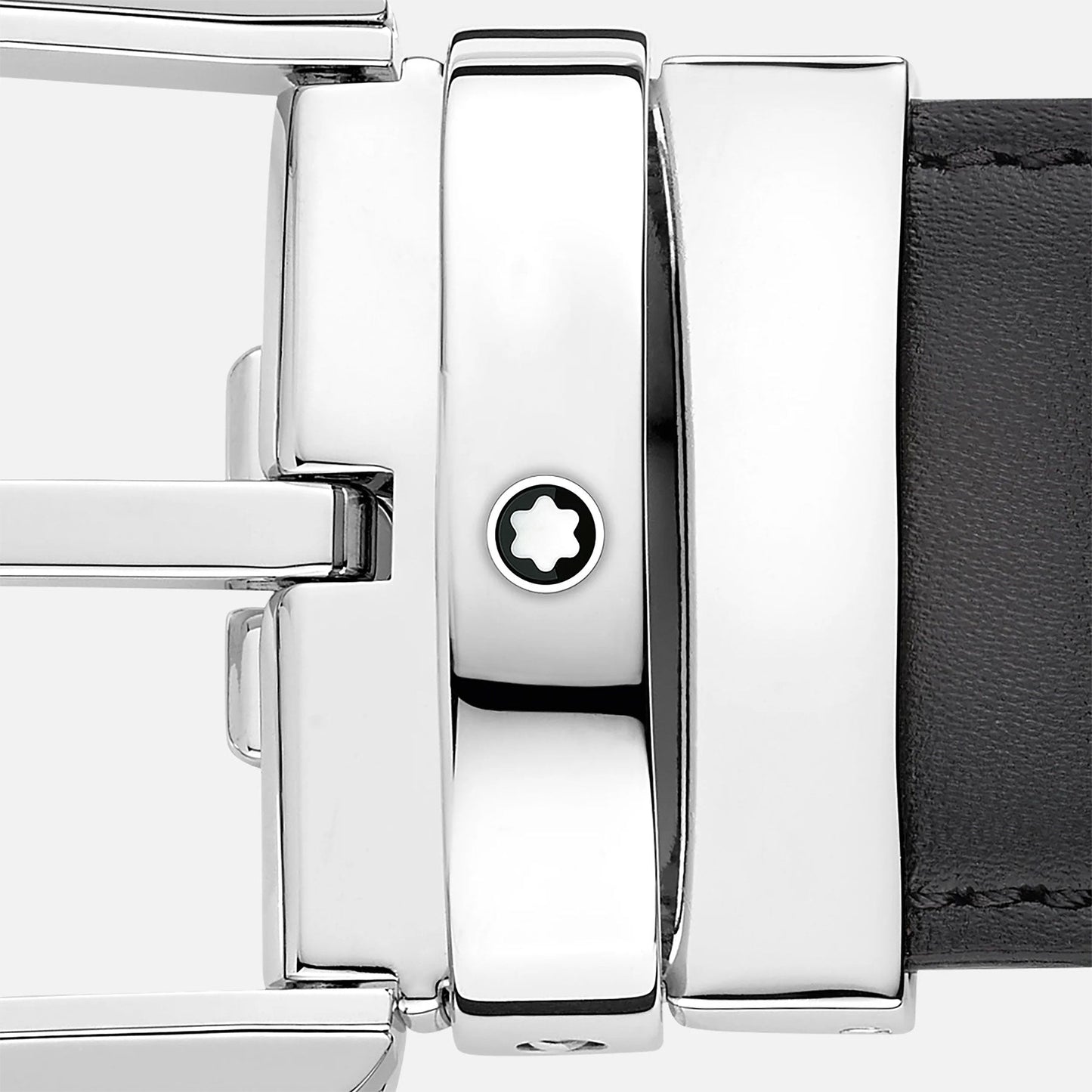 Close-up of the highly polished buckle on the Montblanc Horseshoe Leather Belt, featuring a small star emblem. The silver buckle, which reflects light beautifully, is attached to a sleek black strap.