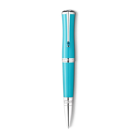 The Montblanc Muses Maria Callas Special Edition Blue Resin Platinum Plated Ballpoint Pen, inspired by the Aegean Sea with its delightful turquoise hue, stands vertically on a plain white background, showcasing its sleek design and silver accents reminiscent of an operatic diva's elegance.