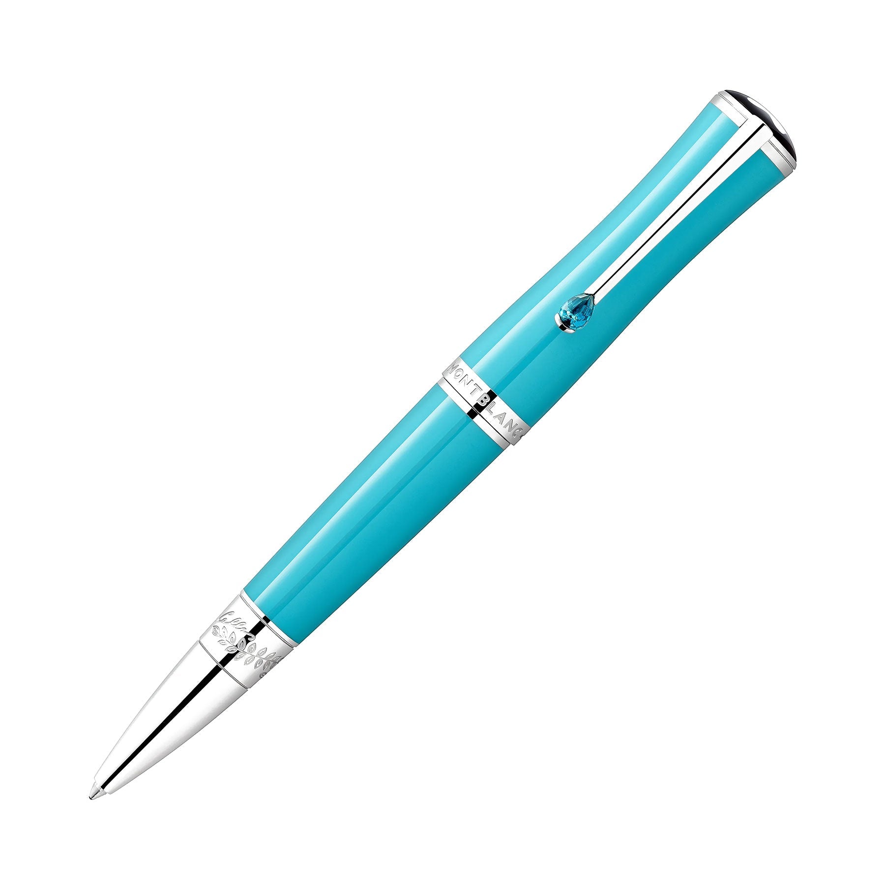 The Montblanc Muses Maria Callas Special Edition Blue Resin Platinum Plated Ballpoint Pen is a sleek blue fountain pen with platinum-plated accents, including a clip and decorative bands. Featuring a shiny metallic tip and a slightly curved, ergonomic barrel design, this pen embodies the elegance of the Montblanc brand.