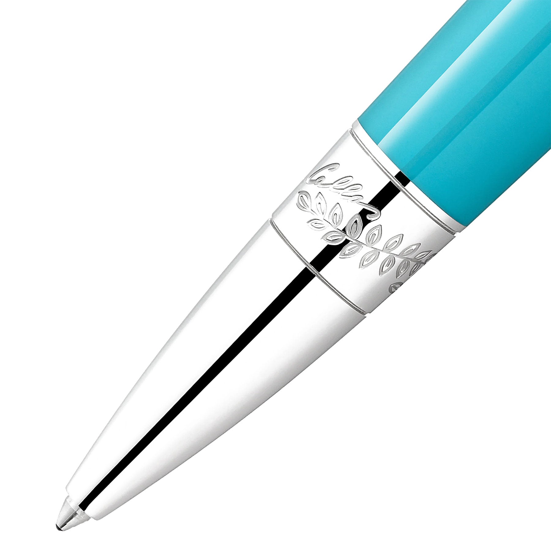 A close-up of the Montblanc Muses Maria Callas Special Edition Blue Resin Platinum Plated Ballpoint Pen showcases its shiny platinum-plated tip and vibrant blue resin barrel, reminiscent of the Aegean Sea. This pen by Montblanc beautifully encapsulates the essence of an operatic diva through its exquisite details.