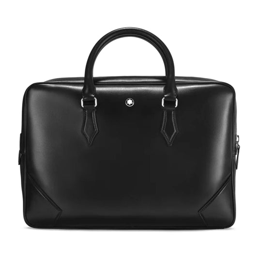 The Montblanc Meisterstück Black Leather Document Case combines a sleek minimalist design with two handles and silver hardware. Its elegant black leather finish is accented by a subtle logo in the center, offering both functionality and timeless style.