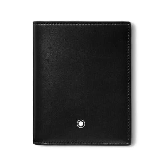 The Montblanc Meisterstück Compact Black Leather Wallet 6cc is a sophisticated accessory crafted from deep shine leather, featuring a sleek and compact design with a small white star emblem at the bottom center. This wallet is perfect for holding cards and cash, beautifully set against a plain white background.