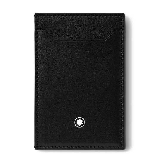 The Montblanc Meisterstück Black Leather Pocket 3CC Card Holder, model 129683, boasts a slim and elegant design with visible stitching around the edges. It features a small white Montblanc emblem near the bottom, making it an ideal accessory for any stylish black pocket. The card holder is elegantly displayed against a plain white background.