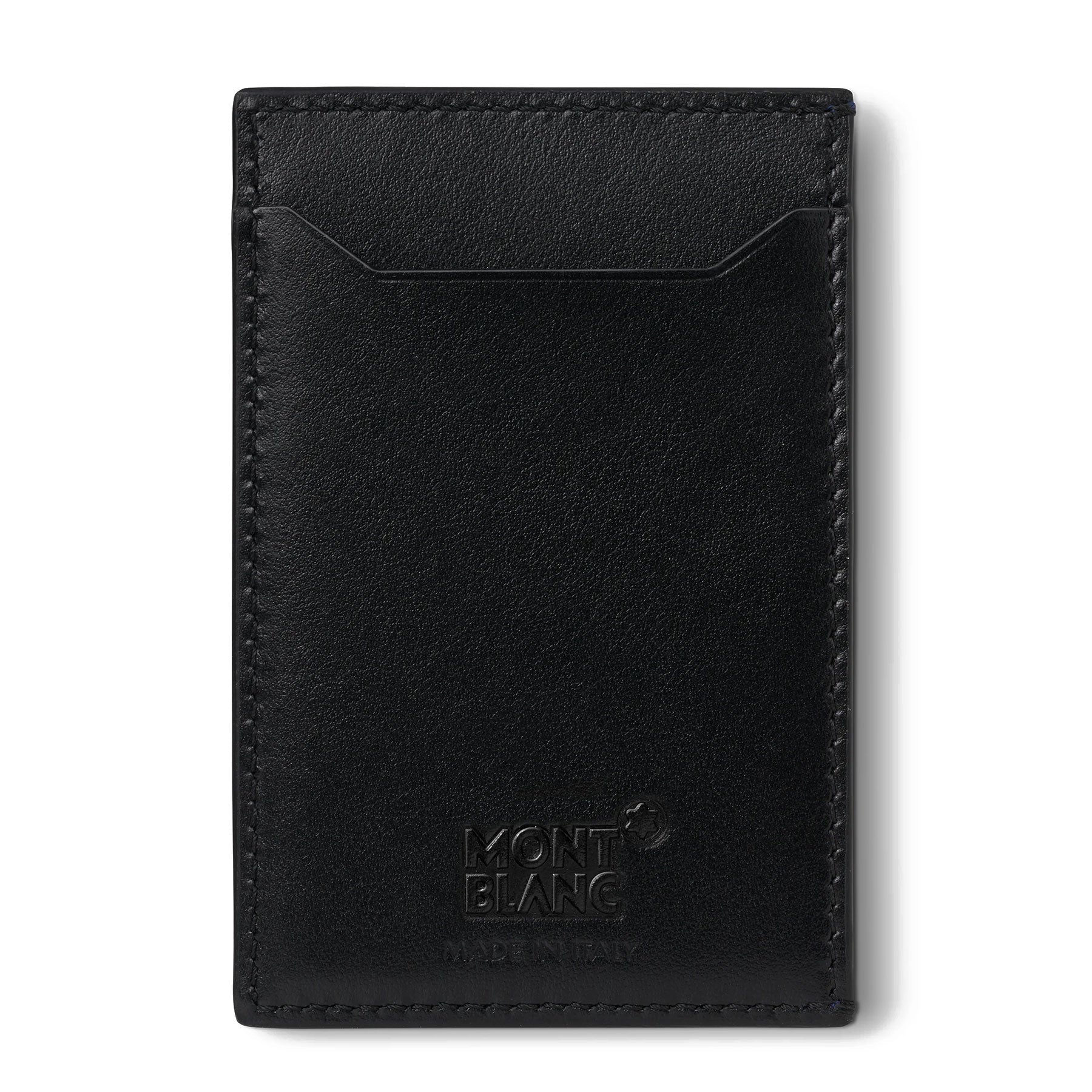 The Montblanc Meisterstück Black Leather Pocket 3CC Card Holder showcases elegant craftsmanship with precise stitching along the edges, complemented by a subtle "Montblanc Made in Italy" embossment at the bottom. This card holder embodies timeless sophistication, much like Model 129683.