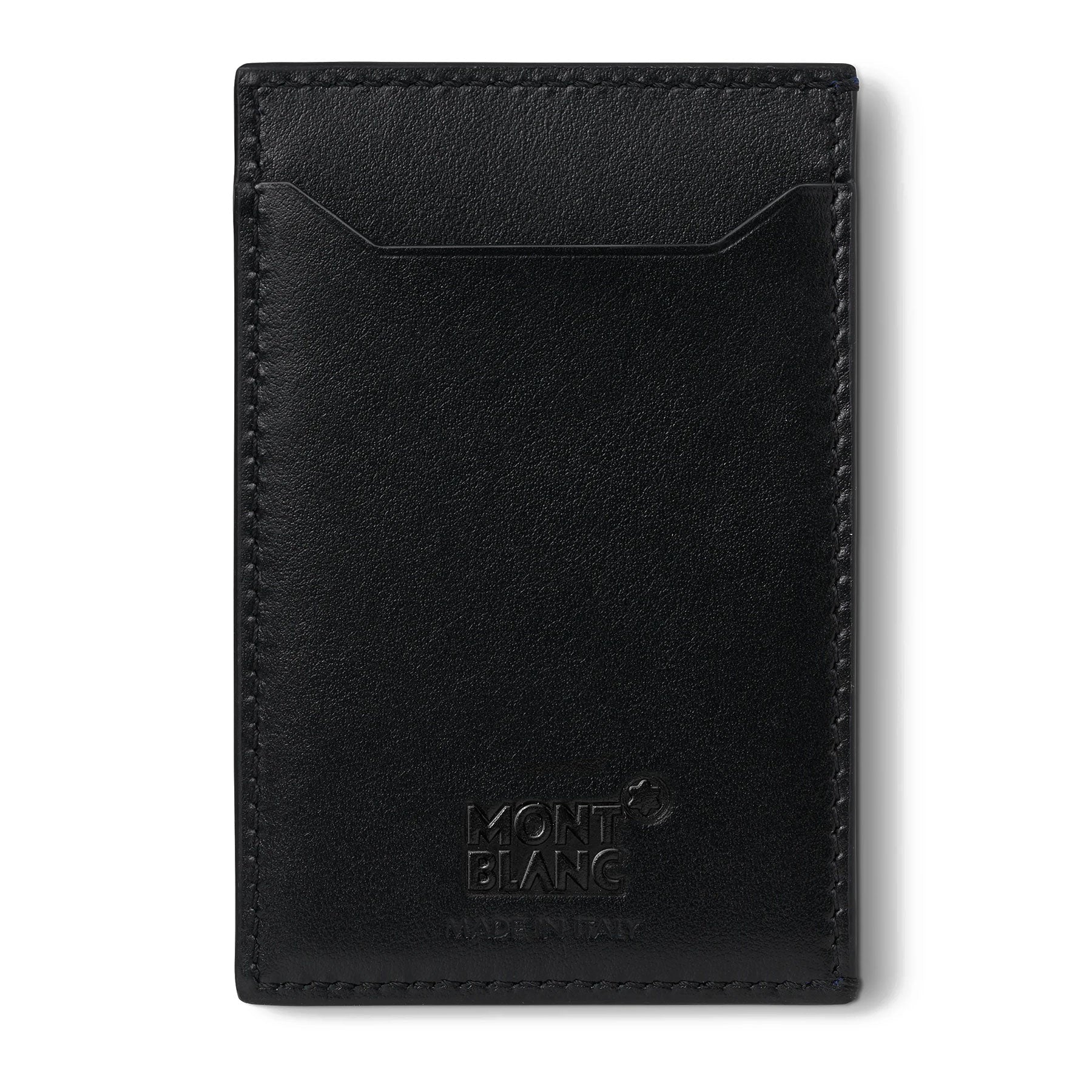 The Montblanc Meisterstück Blue Leather Pocket 3CC Card Holder showcases a black leather construction with minimalist stitching and the iconic Montblanc logo embossed at the bottom. Crafted meticulously in Italy, its sleek design is ideal for effortlessly fitting into any Blue Pocket, providing both style and convenience on the go.