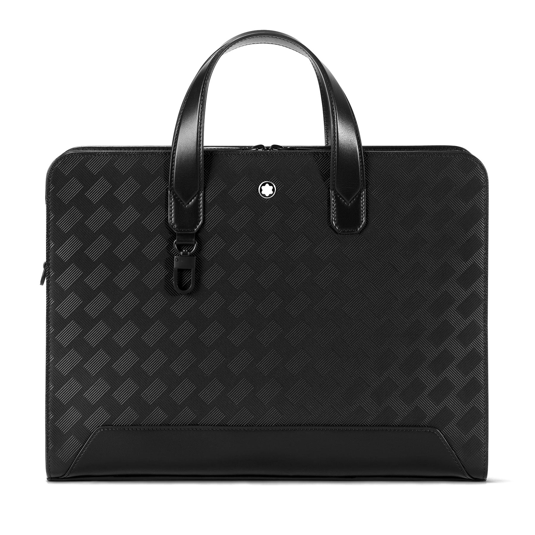 The Montblanc Extreme 3.0 Black Leather Document Case is a stylish black leather briefcase featuring a geometric pattern and two short handles, with a small circular Montblanc logo near the top center.