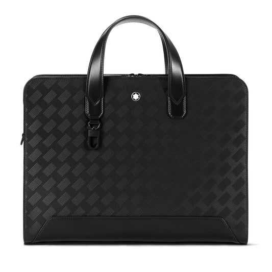 The Montblanc Extreme 3.0 Black Leather Document Case is a stylish black leather briefcase featuring a geometric pattern and two short handles, with a small circular Montblanc logo near the top center.
