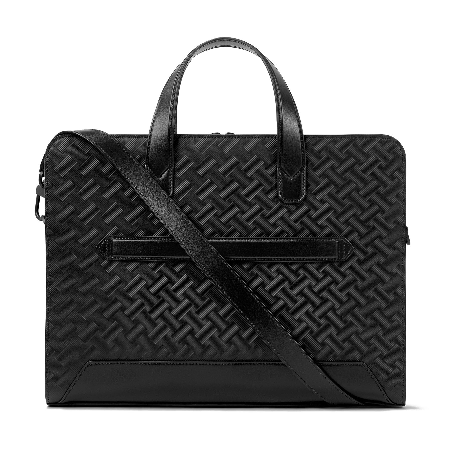 The Montblanc Extreme 3.0 Black Leather Document Case is a stylish briefcase crafted from black leather with a textured geometric pattern. It includes two top handles and a detachable shoulder strap for versatile carrying options. The front is designed with a horizontal zipper pocket, adding to its functional appeal.