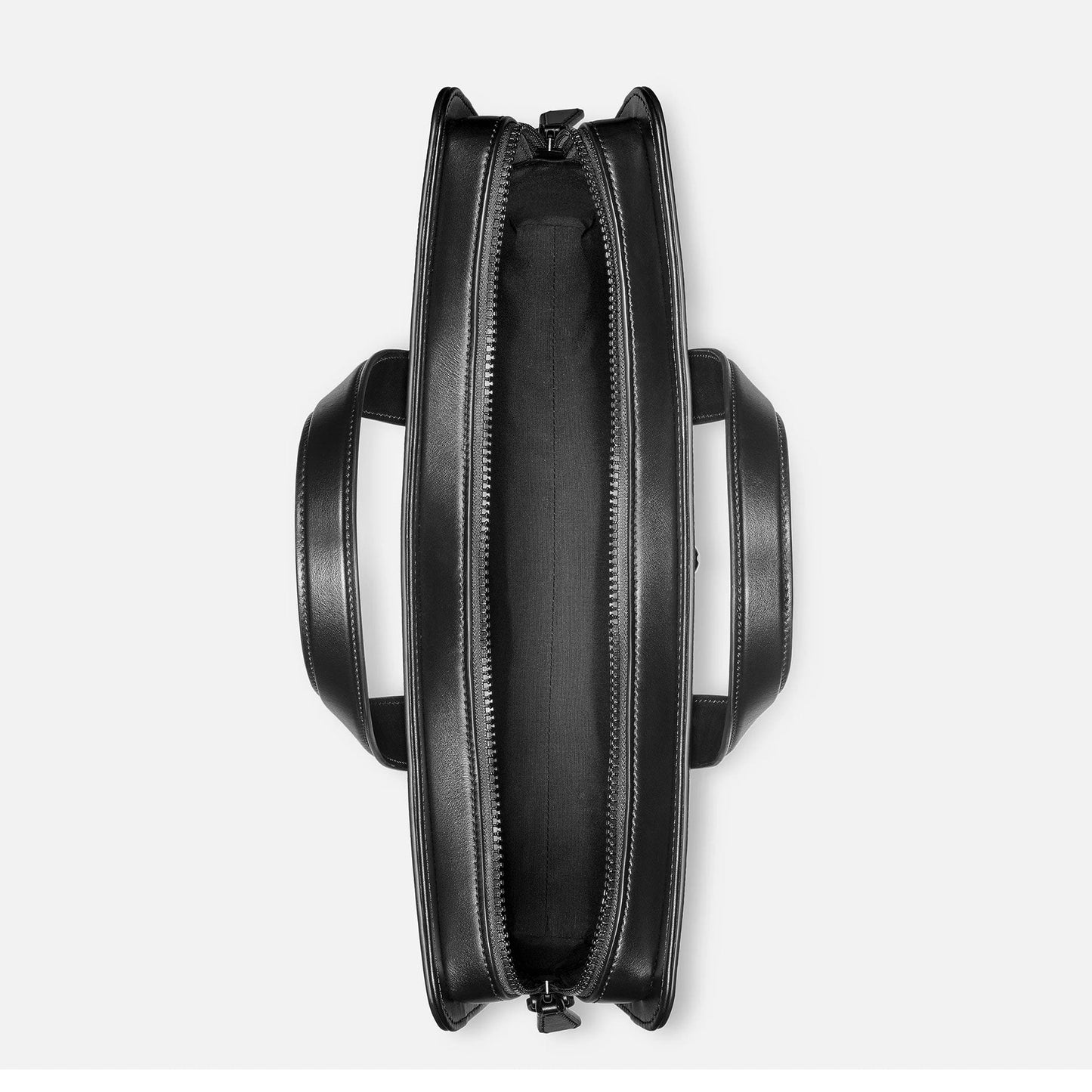 Top view of the elegant Montblanc Extreme 3.0 Black Leather Document Case, featuring dual handles and a center zipper. With style number 129962, it opens up to reveal a spacious compartment set against a crisp white background.