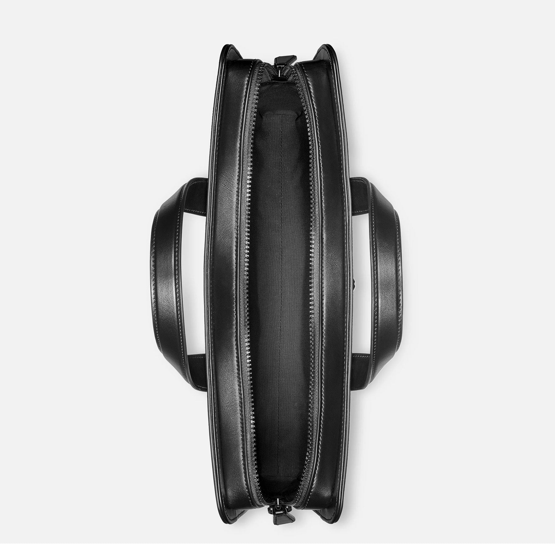 Top view of the elegant Montblanc Extreme 3.0 Black Leather Document Case, featuring dual handles and a center zipper. With style number 129962, it opens up to reveal a spacious compartment set against a crisp white background.