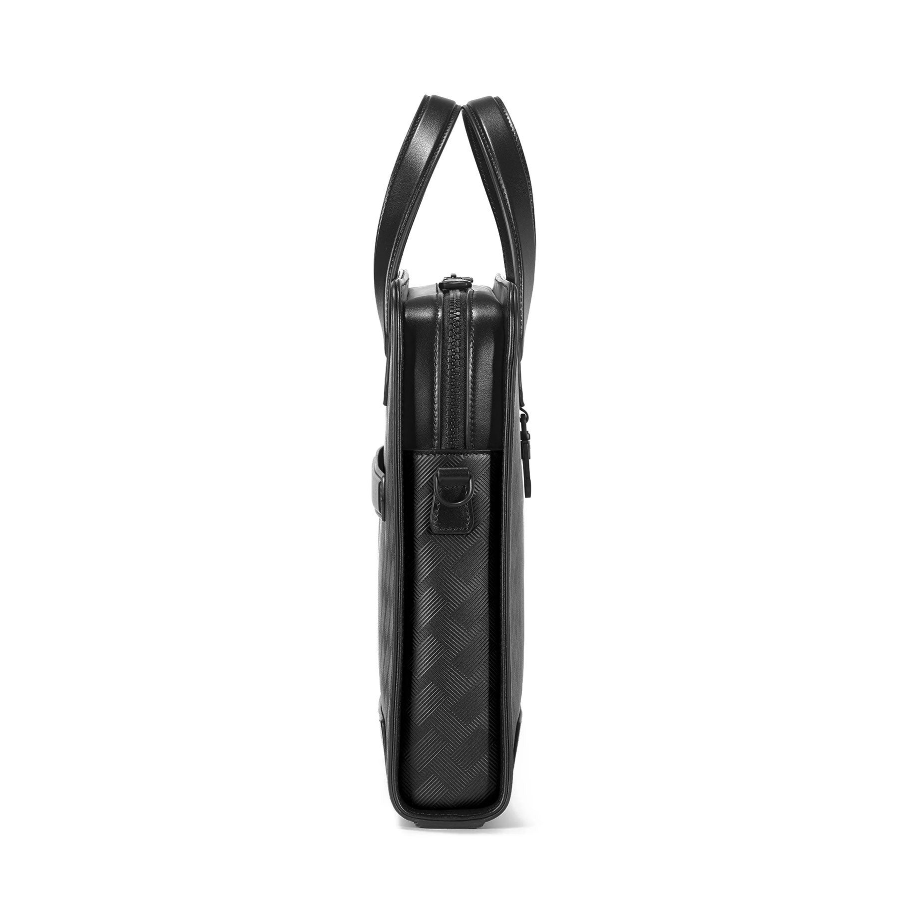 Side view of the Montblanc Extreme 3.0 Black Leather Document Case, showcasing its sleek black leather with an embossed pattern. This Montblanc bag features style number 129962 and includes two handles and a zipper closure, with a slim profile and textured side design that enhance its elegant and modern appearance.