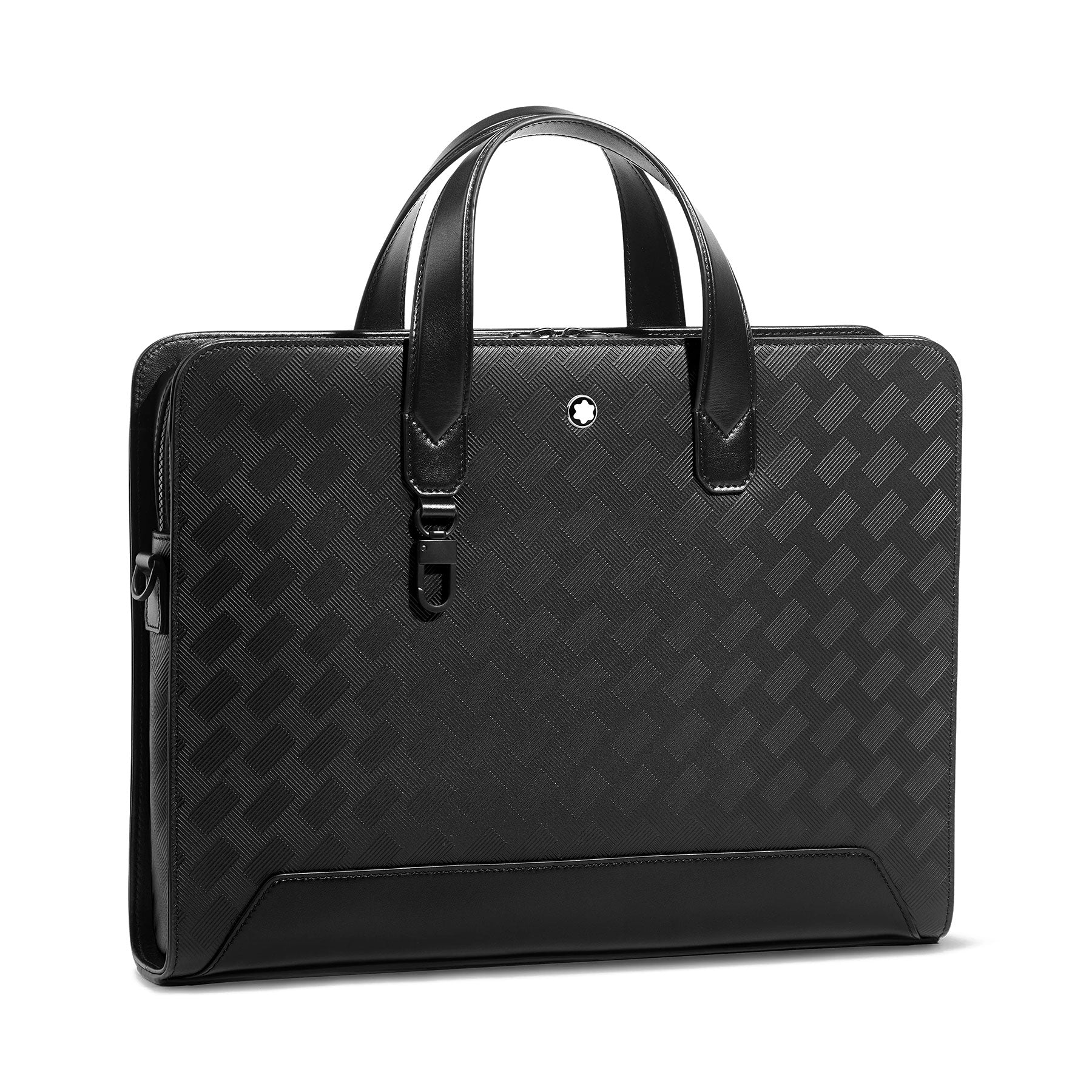 Presenting the Montblanc Extreme 3.0 Black Leather Document Case, a sophisticated laptop bag designed with a textured checkered pattern. Featuring dual handles and a discreet logo positioned near the top center, this bag exudes modern professionalism. Perfect for business use, it seamlessly blends timeless elegance with practicality.