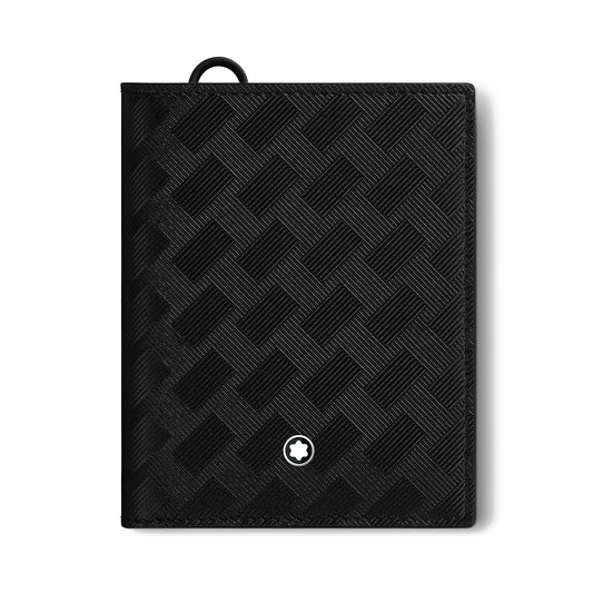 The Montblanc Extreme 3.0 Compact Leather Wallet 6cc showcases a sleek black design with a woven pattern, complemented by a subtle circular logo with a star symbol at the bottom center. This accessory is perfect for those in search of style and sophistication, offering an ideal blend of elegance and practicality.