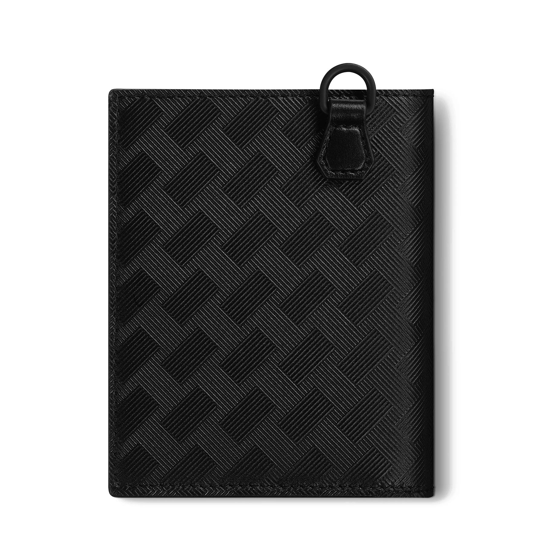 The Montblanc Extreme 3.0 Compact Leather Wallet 6cc by Montblanc is a stylish black wallet with a woven pattern and a handy small loop attachment at the top.