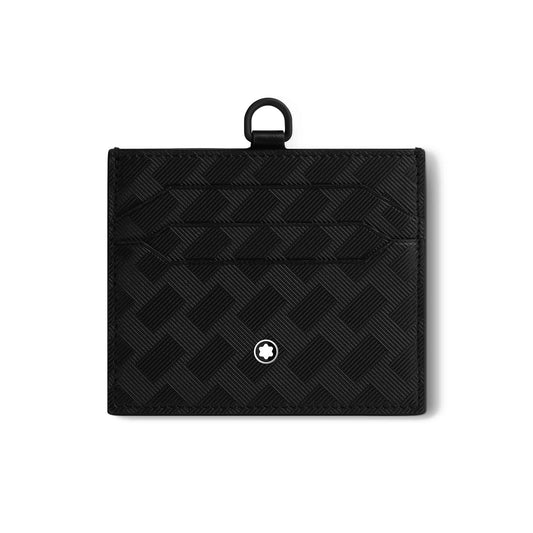 A black textured leather card holder with a geometric pattern and a small, round emblem at the bottom center, featuring a loop at the top edge. It embodies the sophisticated elegance of the Montblanc Extreme 3.0 style number 129979 by Montblanc for those who appreciate refined style.