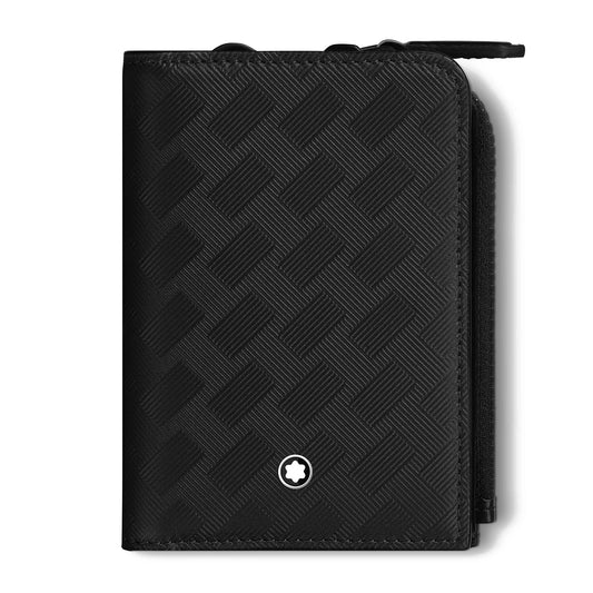 The Montblanc Extreme 3.0 Leather Card Holder 3cc, from the brand Montblanc, is crafted from black leather with a textured geometric pattern, featuring a zipped pocket on the right side and showcasing a small circular emblem at the bottom center.