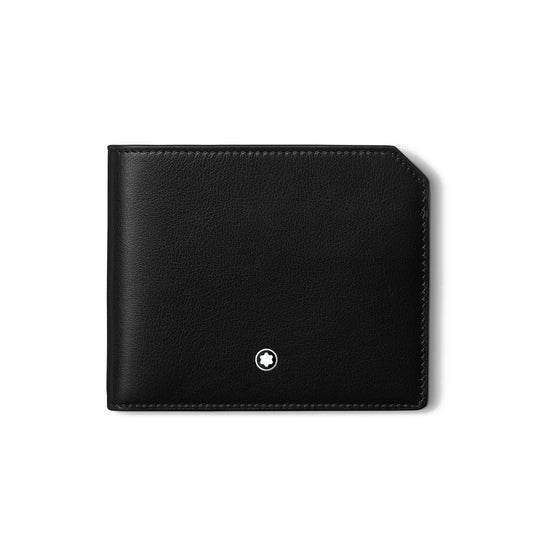 A Montblanc Meisterstück Black Leather Wallet 6cc with a minimalist design. It includes multiple credit card slots and a small circular emblem with a star in the center on the lower front cover.