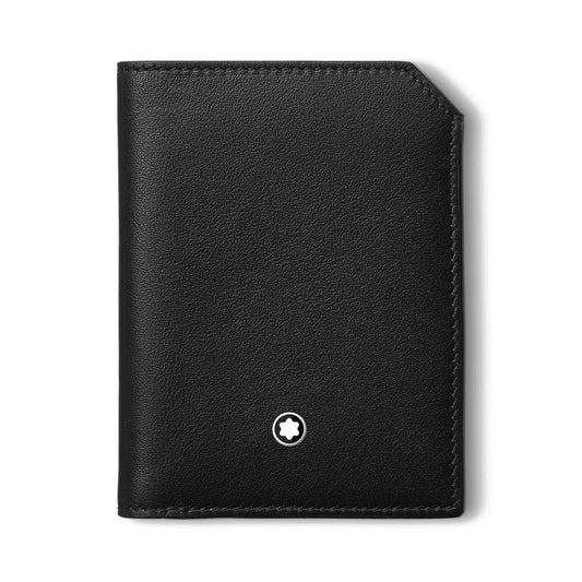 The Montblanc Meisterstück Black Leather Mini Wallet, crafted by Montblanc, features a sleek black leather design with a smooth texture and a white star emblem positioned at the bottom center. Thoughtfully designed for practicality, it discreetly accommodates credit card slots. The wallet is closed and set against a plain white background.