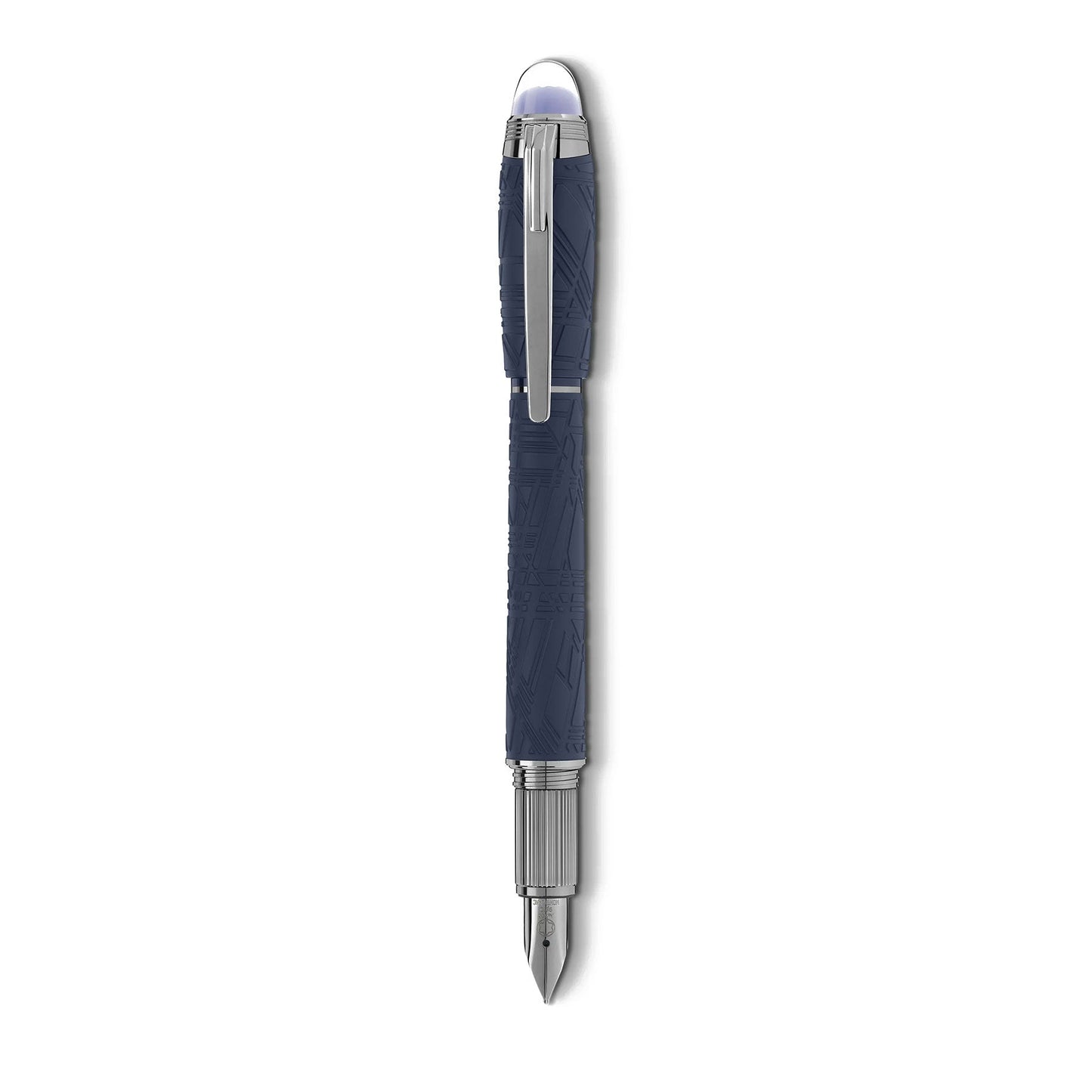 The Montblanc Starwalker Blue Resin Platinum Plated fountain pen features a navy blue textured barrel, complemented by sleek platinum-plated accents and a metal clip. It presents an elegant contrast against a white backdrop, with a ruthenium-coated Au585 gold nib for smooth writing.