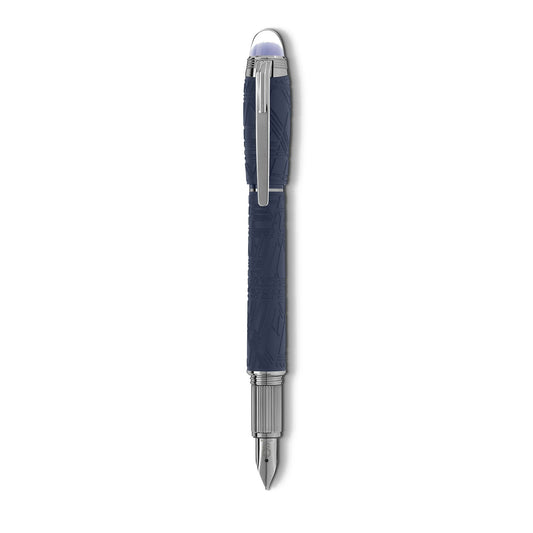 The Montblanc Starwalker Blue Resin Platinum Plated fountain pen features a navy blue textured barrel, complemented by sleek platinum-plated accents and a metal clip. It presents an elegant contrast against a white backdrop, with a ruthenium-coated Au585 gold nib for smooth writing.