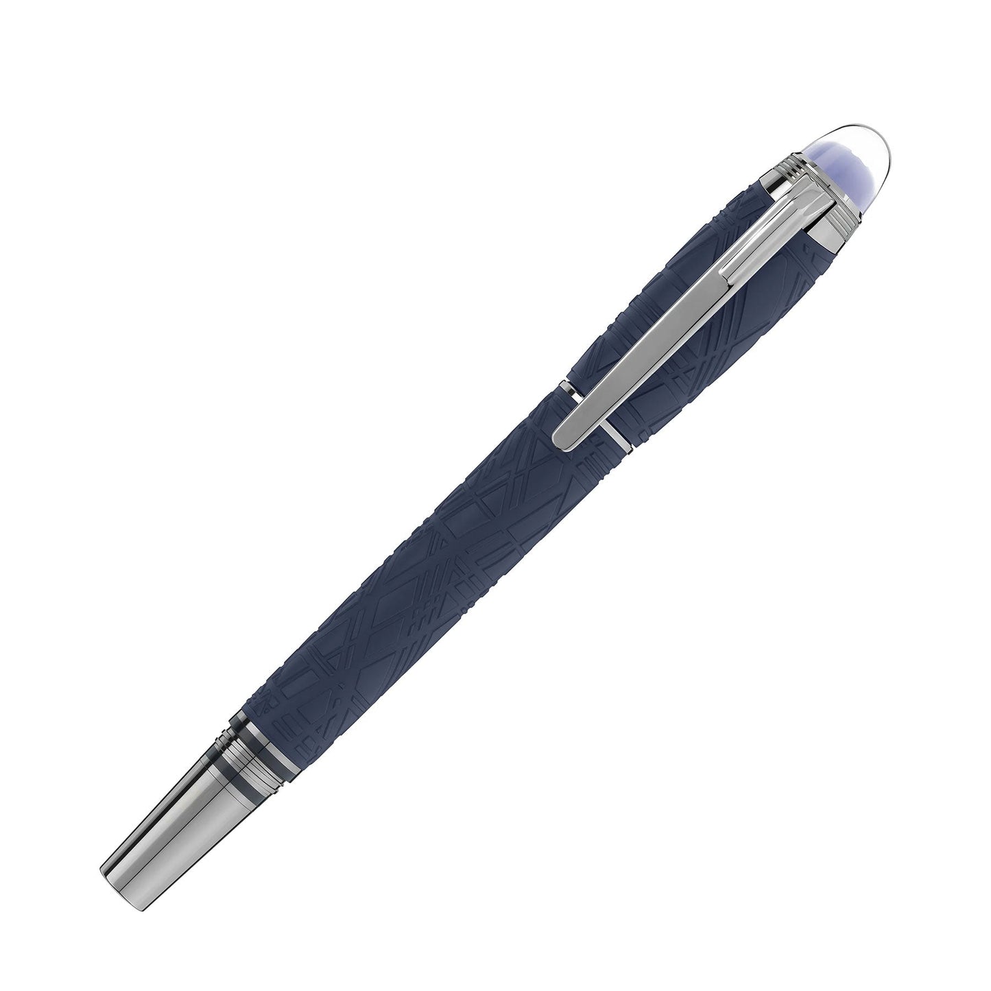 The Montblanc Starwalker Blue Resin Platinum Plated Fountain Pen features a sophisticated dark blue design with a textured barrel and platinum-plated accents. It includes a clip on the cap and an elegant appearance, complemented by its smooth silver base and tip, finished with a ruthenium-coated Au585 gold nib.