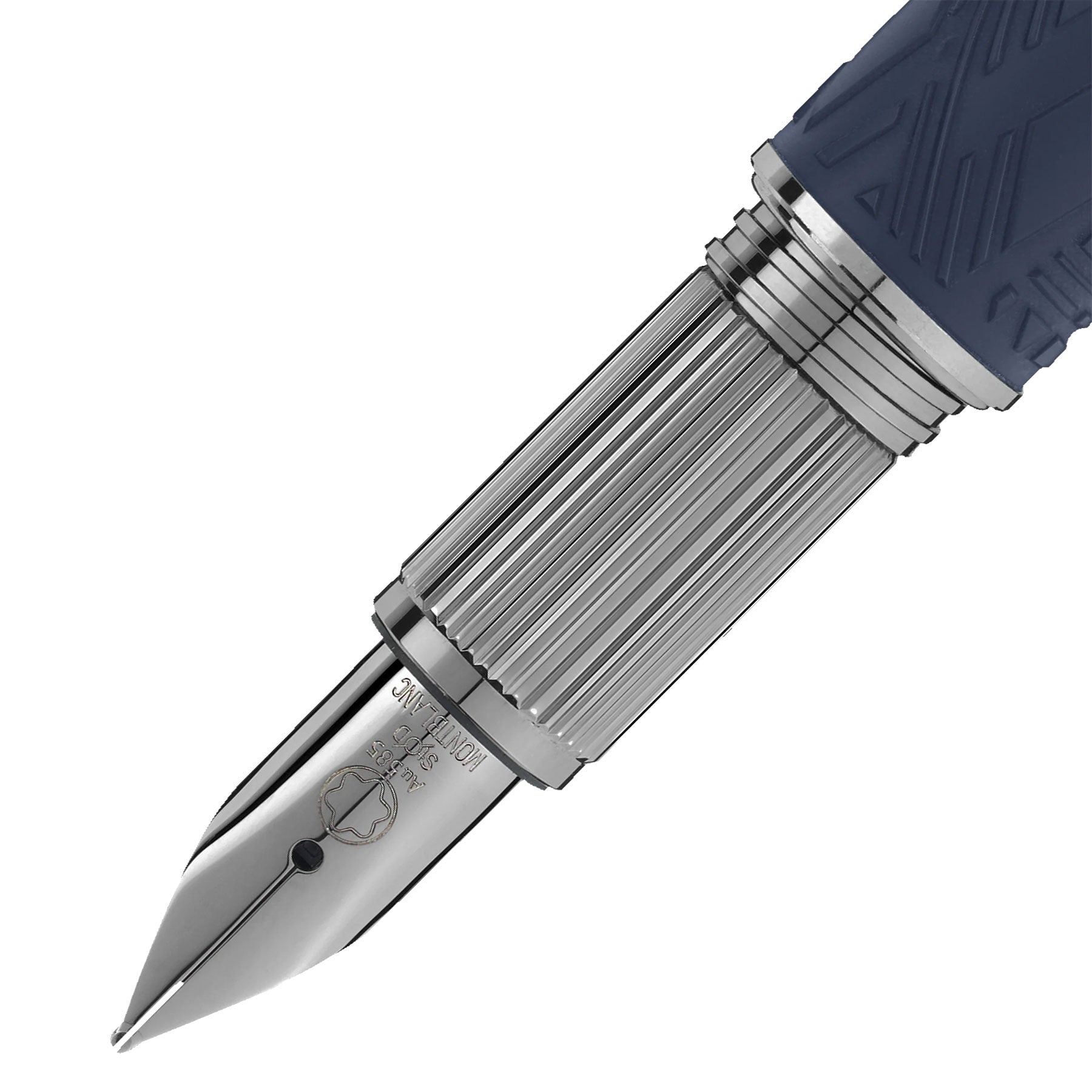A close-up of the Montblanc Starwalker Blue Resin Platinum Plated Fountain Pen's nib reveals its sleek, silver metallic finish with intricately engraved details resembling the Widmanstätten Pattern. The ribbed grip section seamlessly complements the partially visible cap in a dark, matte hue adorned with a subtle Montblanc emblem pattern.