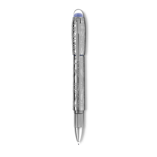 A sleek, silver Montblanc Starwalker Space Blue Platinum Plated Fineliner Pen, adorned with the Widmanstätten Pattern along its barrel and a capped top, is highlighted against a plain white background.