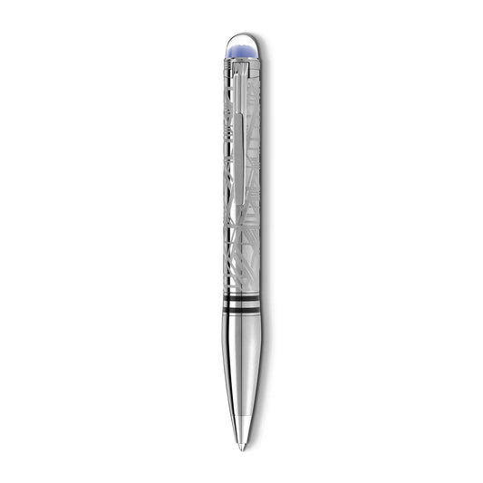 A stylish Montblanc Starwalker Space Blue Metal Ballpoint Pen showcases intricate Widmanstätten Pattern engravings with a metallic sheen. Its minimalist design features a round blue cap crowned with the iconic Montblanc emblem, encapsulating the essence of Starwalker Space Blue against a simple white backdrop.
