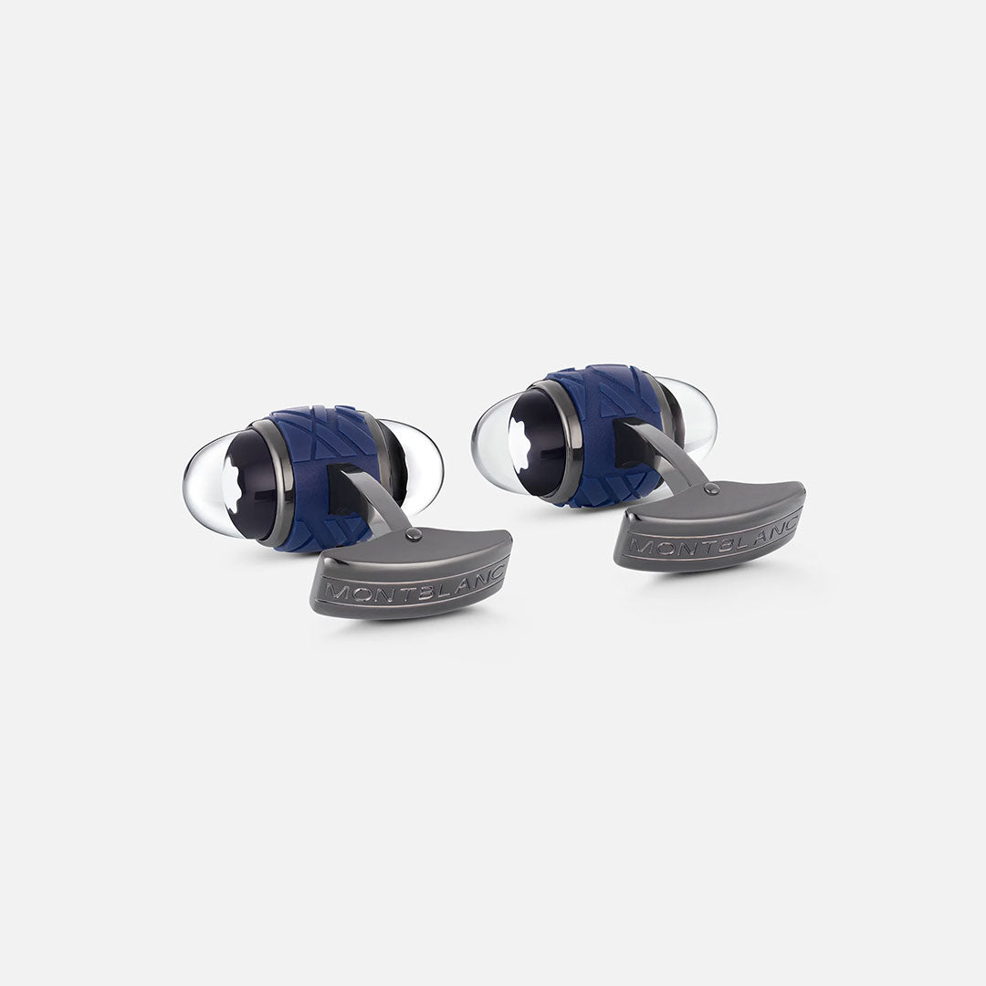 Montblanc Starwalker Blue Stainless Steel and Lacquer Cufflinks feature blue accents, a star emblem, and “MONTBLANC” engraved on the silver-toned bar for a sleek, modern design.