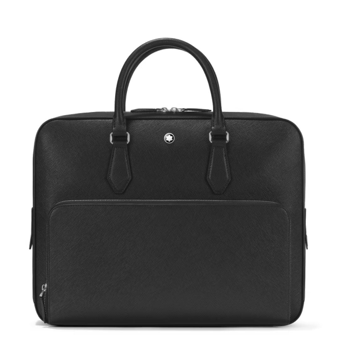 The Montblanc Sartorial Medium Leather Document Case Bag with Pocket features dual handles, a front zippered compartment, and a sleek design—ideal for carrying business essentials in style.