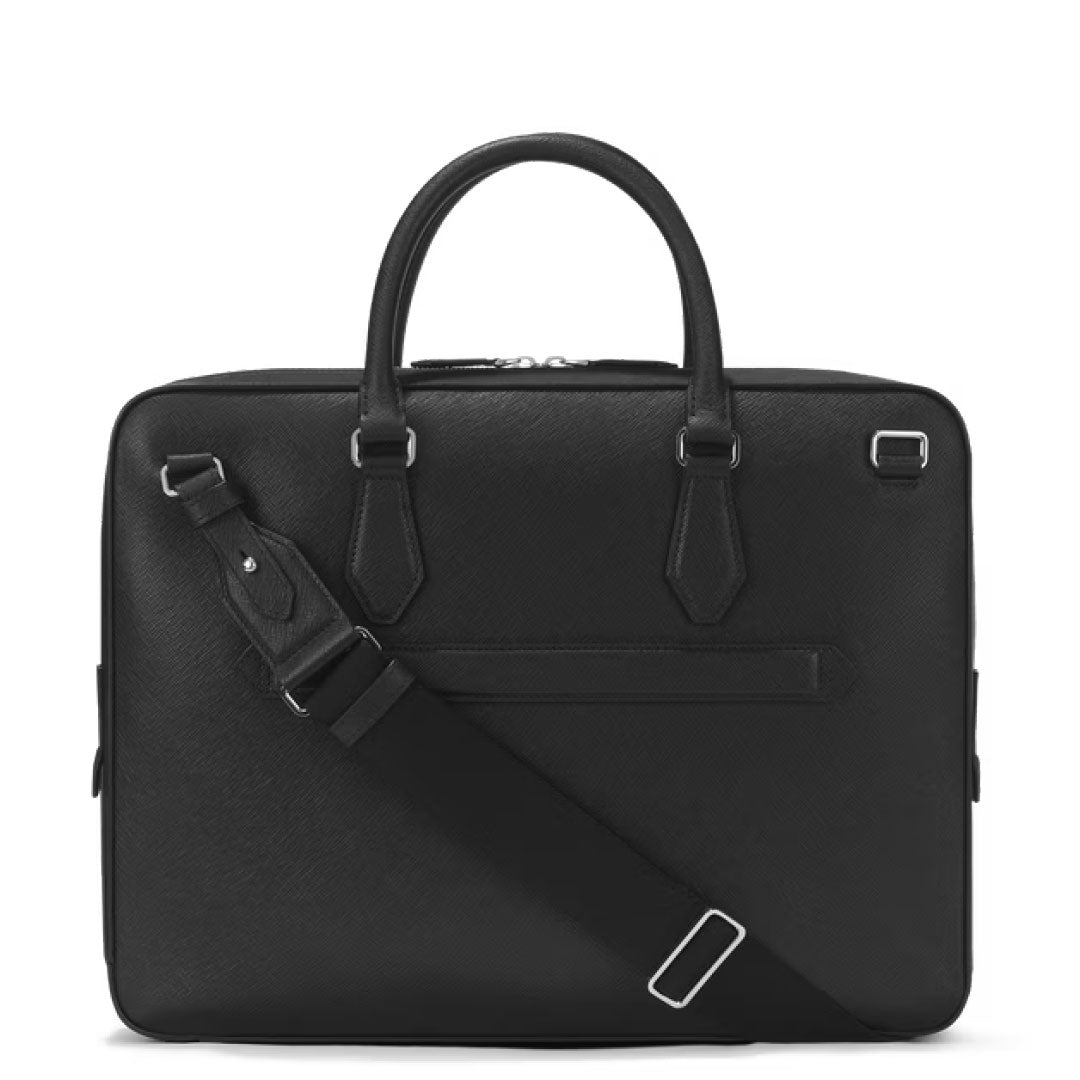 The Montblanc Sartorial Medium Leather Document Case Bag with Pocket is a black leather business case with two handles, a detachable shoulder strap, silver hardware, and a sleek minimalist design.