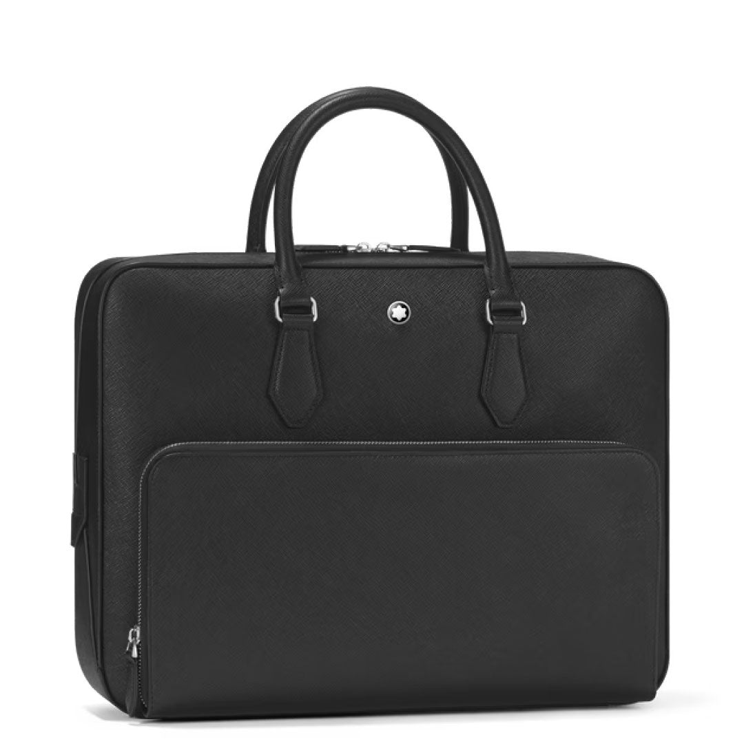 The Montblanc Sartorial Medium Leather Document Case Bag with Pocket features a sleek black design, two handles, a front zippered pocket, and a signature circular logo—ideal for carrying your business essentials.