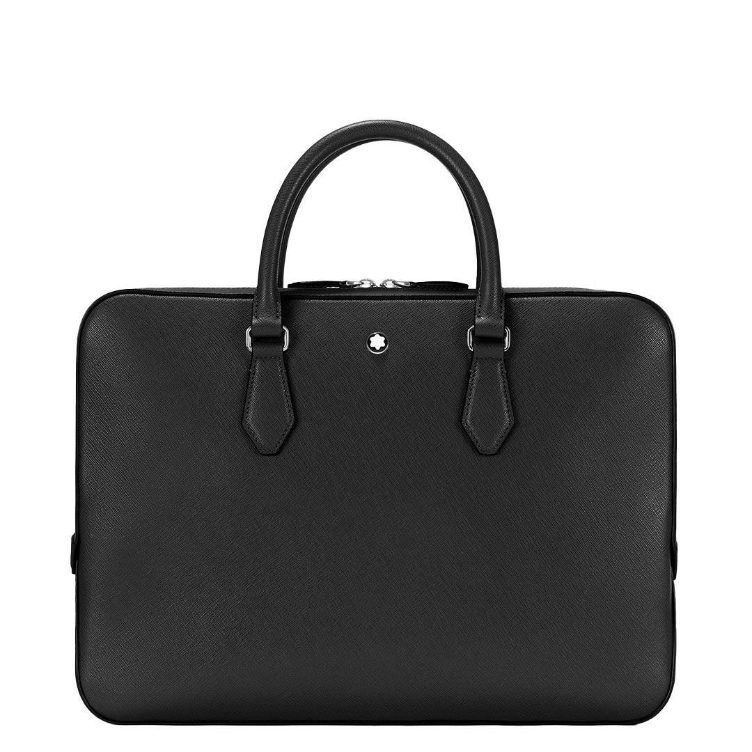 The Montblanc Sartorial Thin Leather Document Case Bag is a sleek black leather briefcase with two handles, a silver zipper, and a small circular logo near the top center, shown against a white background.