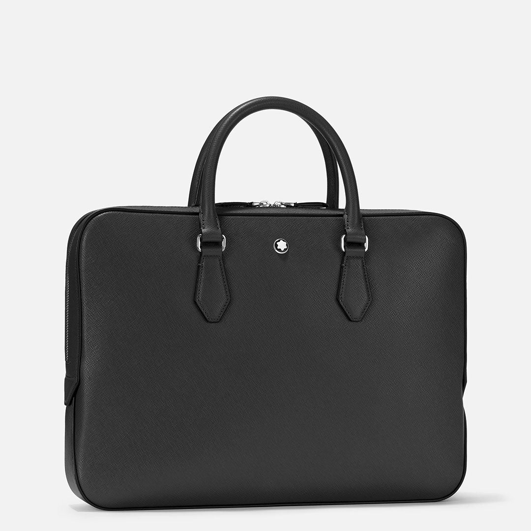 The Montblanc Sartorial Thin Leather Document Case Bag features a sleek black design, two top handles, silver-tone hardware, and a small round Montblanc logo near the top center, set against a plain light background.