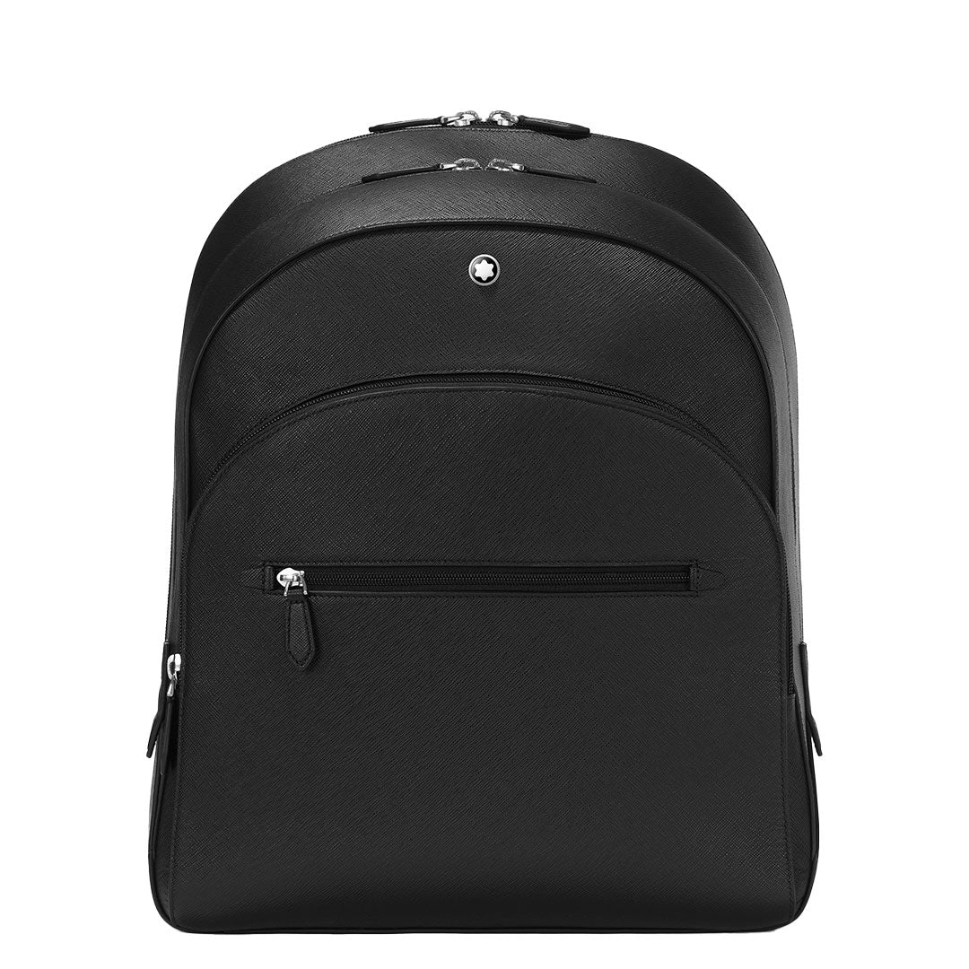 The Montblanc Sartorial Large 3 Compartments Leather Backpack Bag features sleek black Saffiano leather, a silver emblem, front and additional zippered pockets—perfect for business trips.