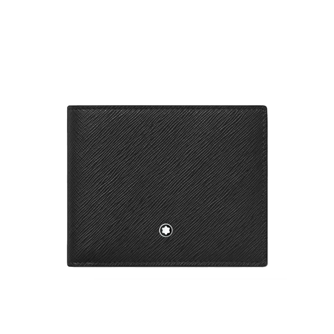 The Montblanc Sartorial 6cc Leather Wallet features black Saffiano leather with a textured finish and a round white Montblanc emblem near the bottom center, shown closed against a plain white background.