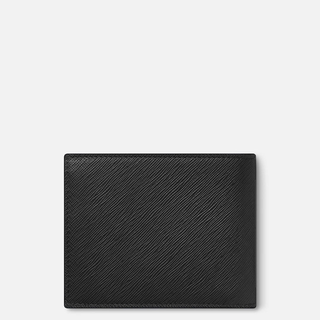 The Montblanc Sartorial 6cc Leather Wallet by Montblanc is a black Saffiano leather wallet with a textured crosshatch pattern and multiple card slots, shown closed against a plain white background.