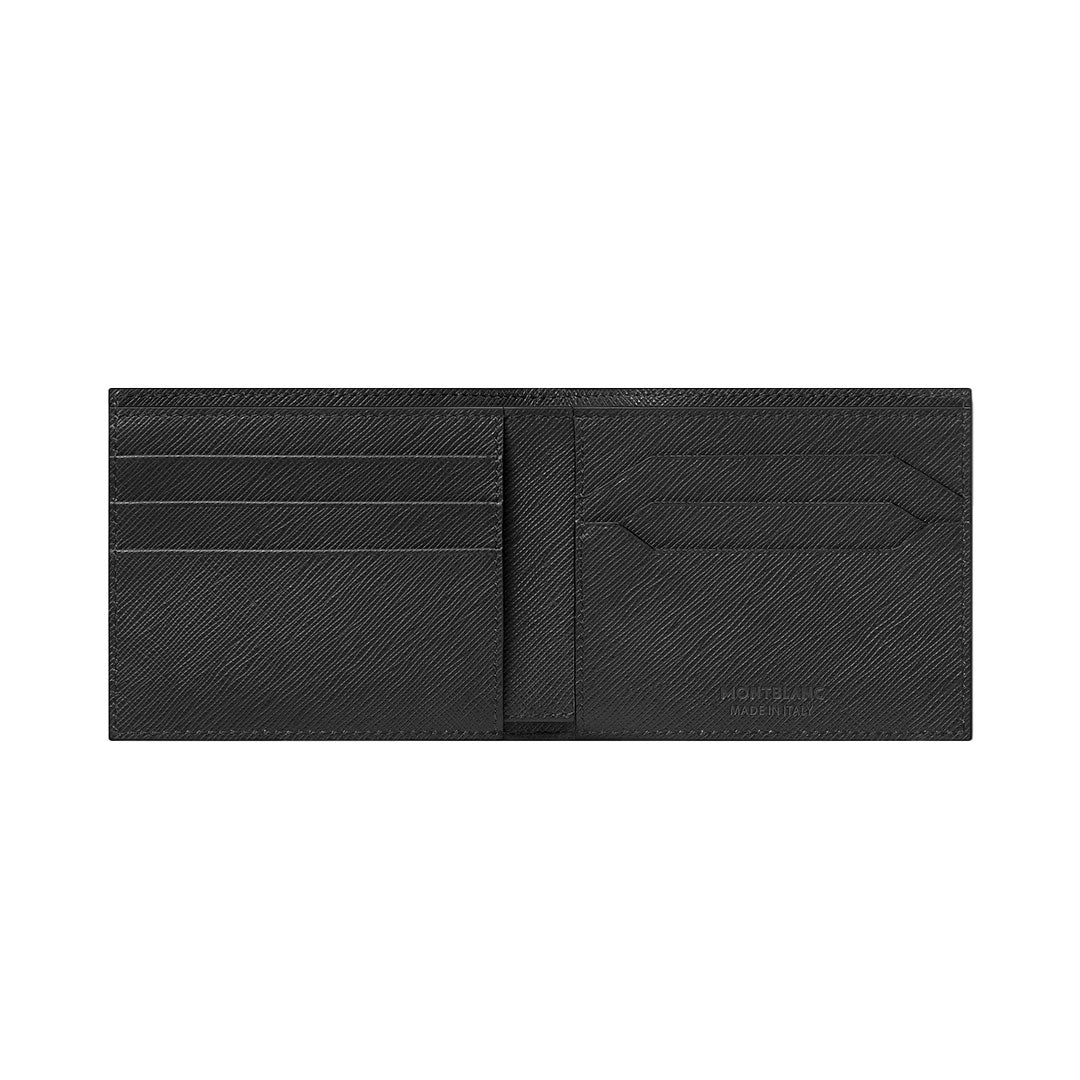 The Montblanc Sartorial 6cc Leather Wallet, crafted in black Saffiano leather, is open to reveal multiple credit card slots and a pocket. An elegant textured finish and embossed "Montblanc" branding accent the bottom right corner.