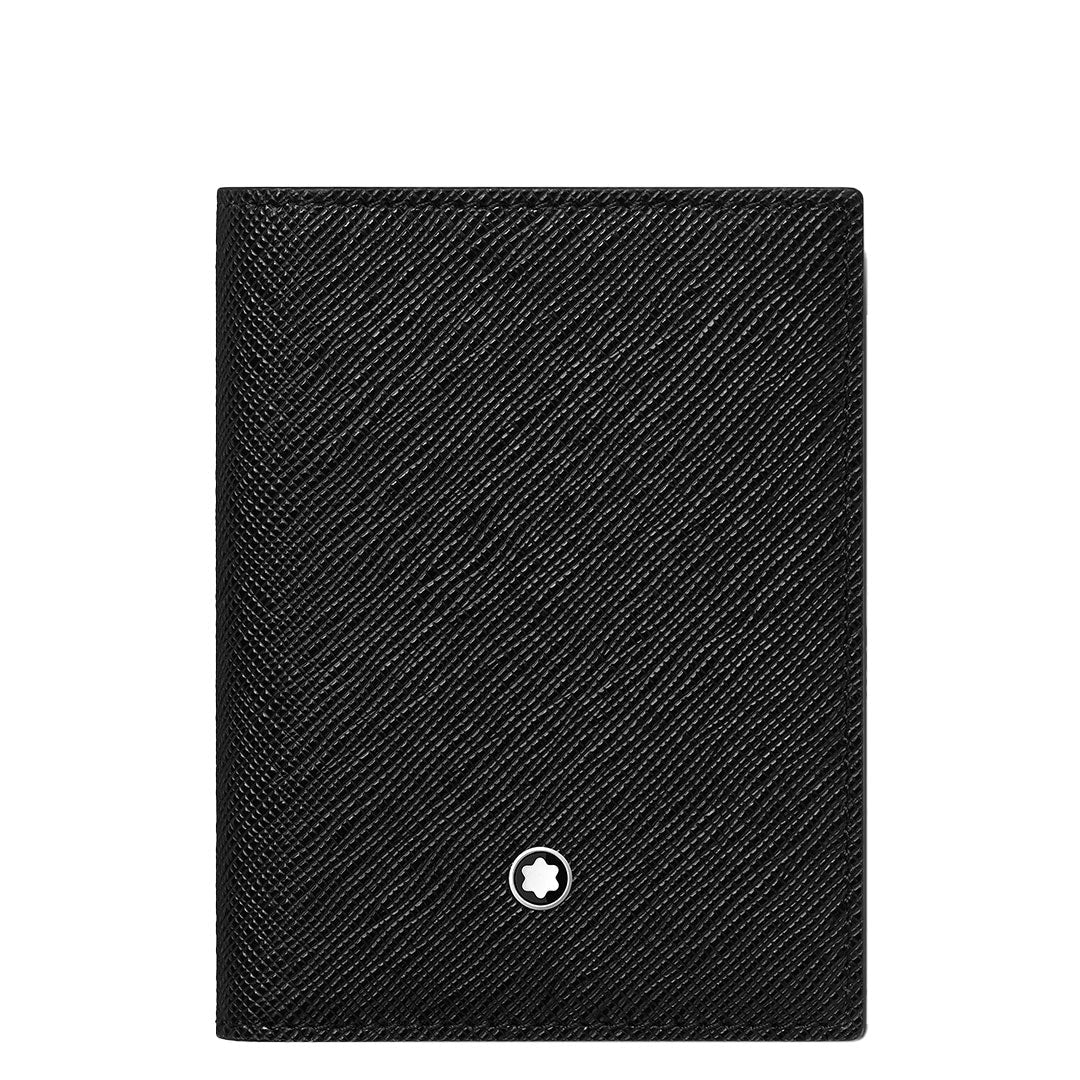 The Montblanc Sartorial 4CC Leather Card Holder, in black Saffiano leather, features a small white star emblem near the bottom center and is shown closed against a white background.