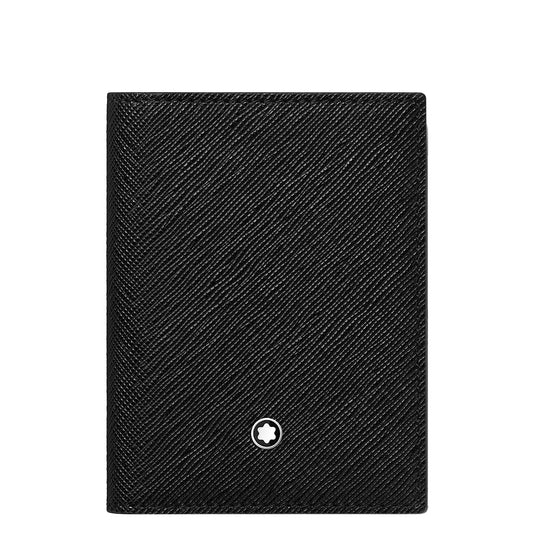 The Montblanc Sartorial 4CC Leather Card Holder, in black Saffiano leather, features a small white star emblem near the bottom center and is shown closed against a white background.