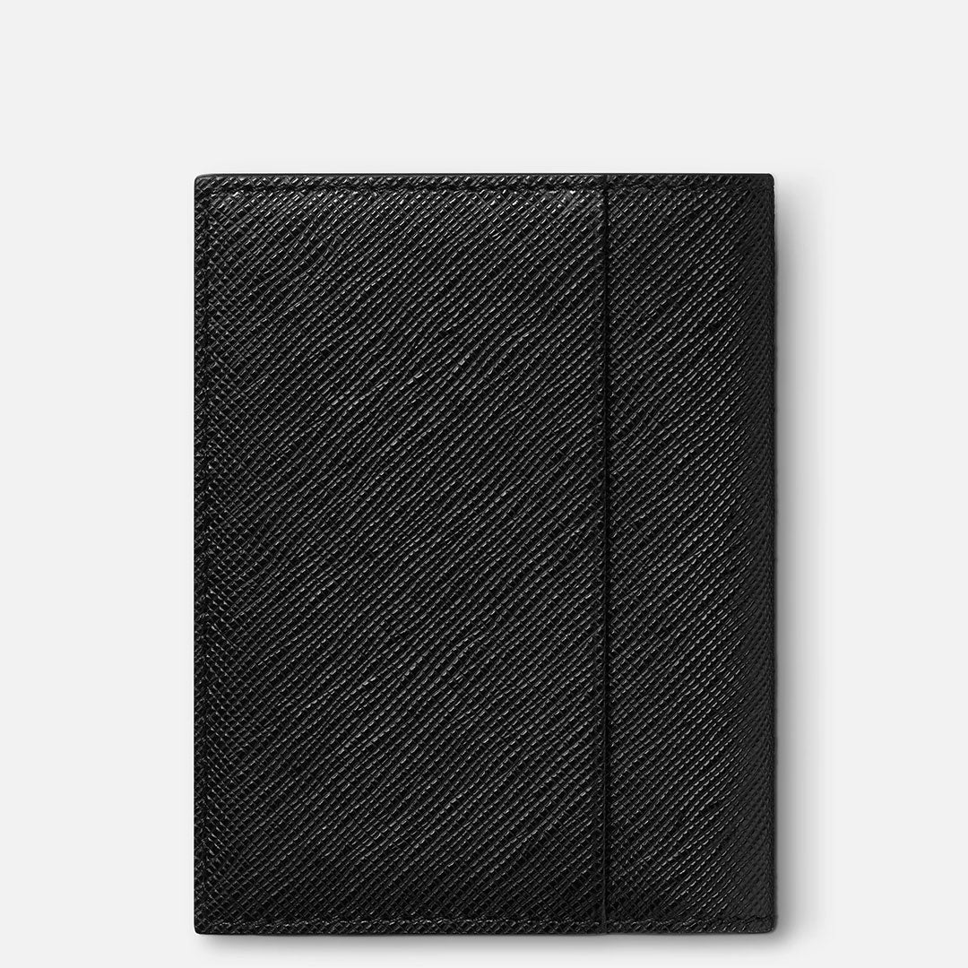 The Montblanc Sartorial 4CC Leather Card Holder features black saffiano leather and a vertical front seam, making it a compact and stylish way to carry your essentials.