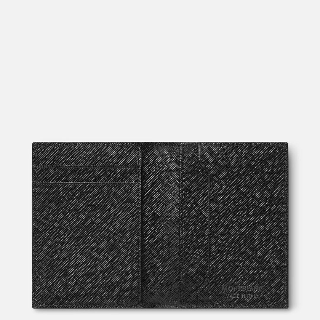 A Montblanc Sartorial 4CC Leather Card Holder in black Saffiano leather is open, showing three card slots on the left, two larger compartments on the right, and the embossed Montblanc logo in the lower right corner.
