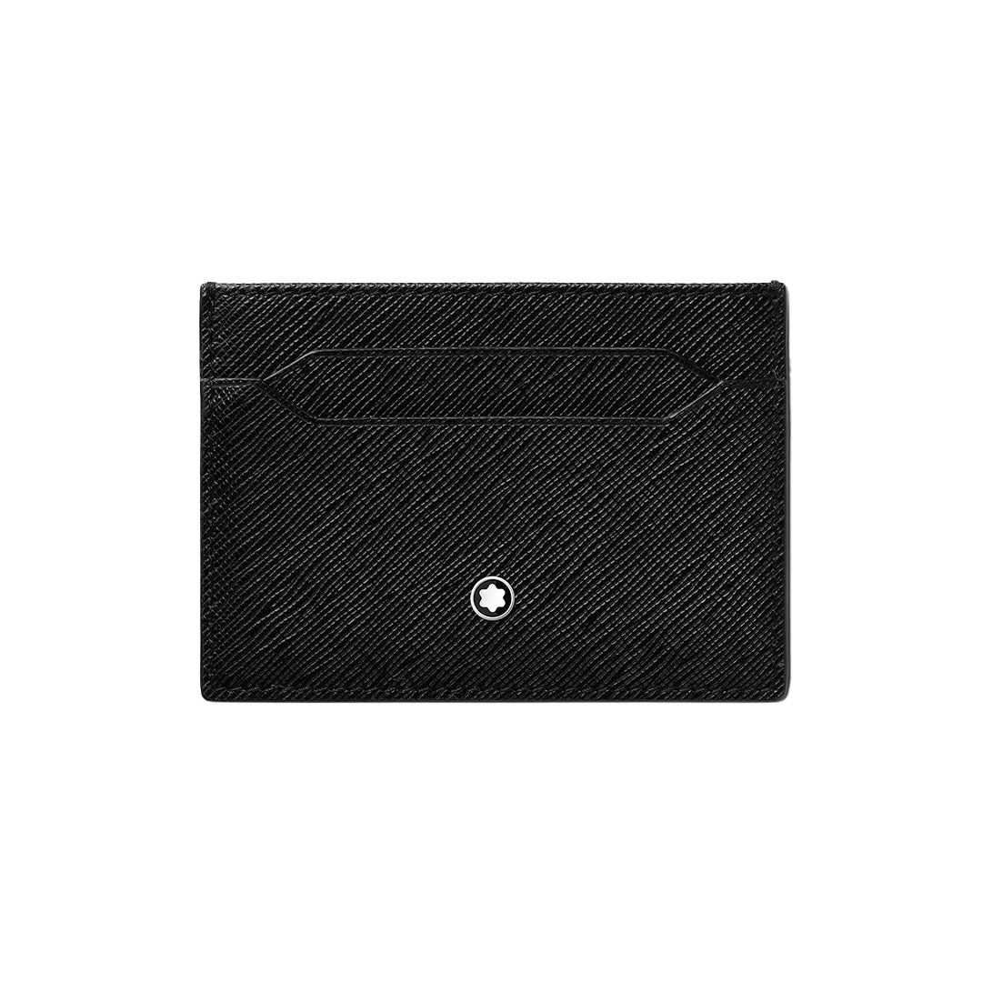 The Montblanc Sartorial 5CC Leather Card Holder is a luxury black Saffiano leather accessory with a central slot and Montblanc’s signature white emblem, shown against a plain white background.