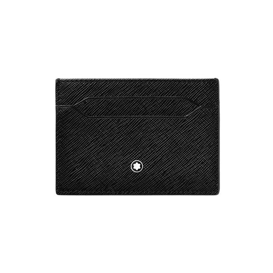 The Montblanc Sartorial 5CC Leather Card Holder is a luxury black Saffiano leather accessory with a central slot and Montblanc’s signature white emblem, shown against a plain white background.