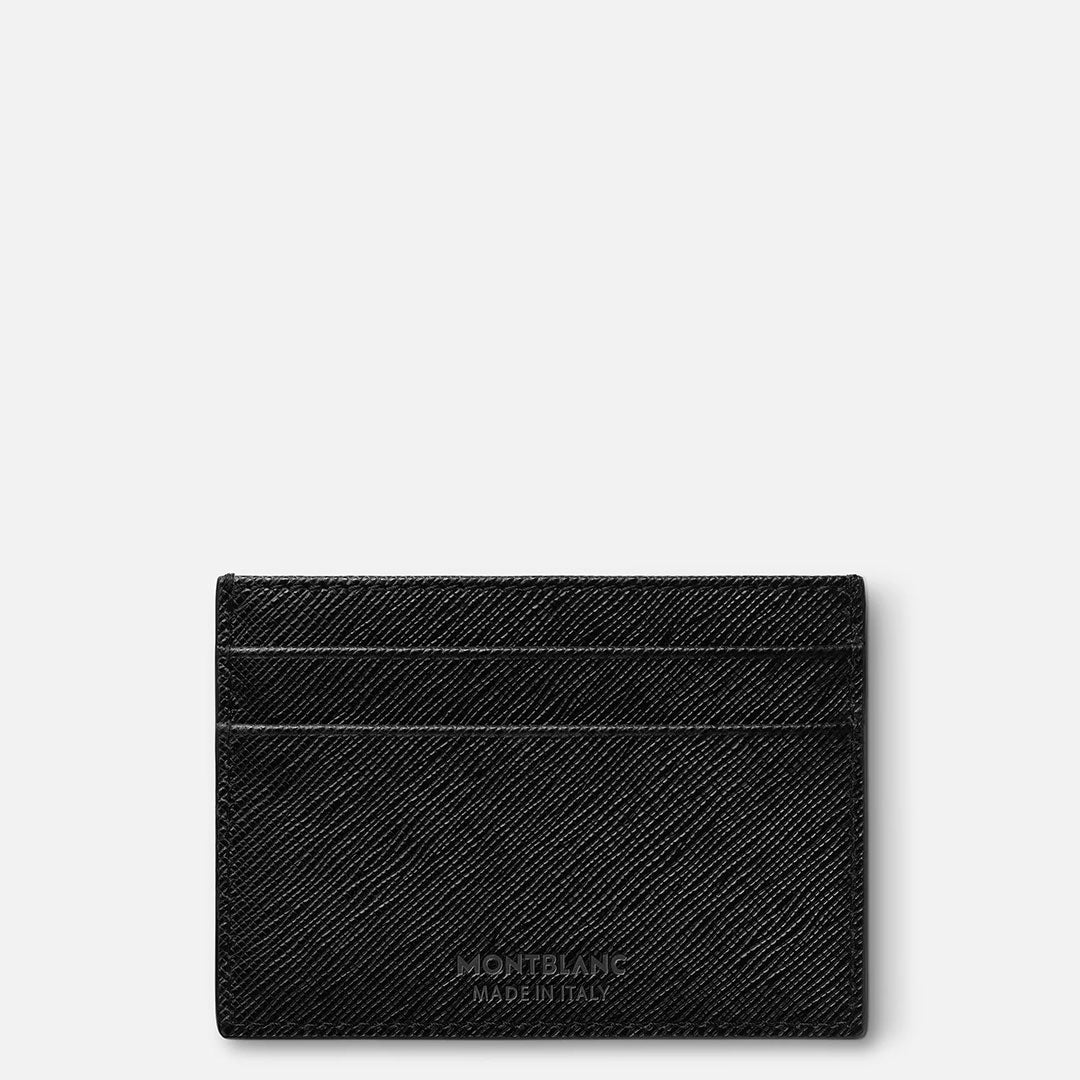 A black Montblanc Sartorial 5CC Leather Card Holder with Saffiano textured leather, six card slots, and "Montblanc Made in Italy" embossed at the bottom, set against a plain white background.