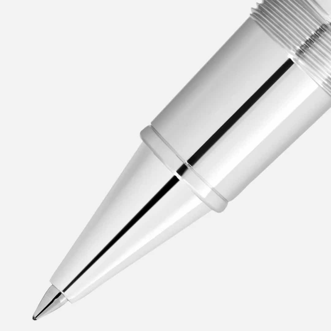 A detailed view of the Montblanc Great Characters Homage to The Great Gatsby Special Edition Rollerball Pen tip, featuring a sleek, metallic finish, captures the elegance and sophistication of the Jazz Age against a light gray backdrop.