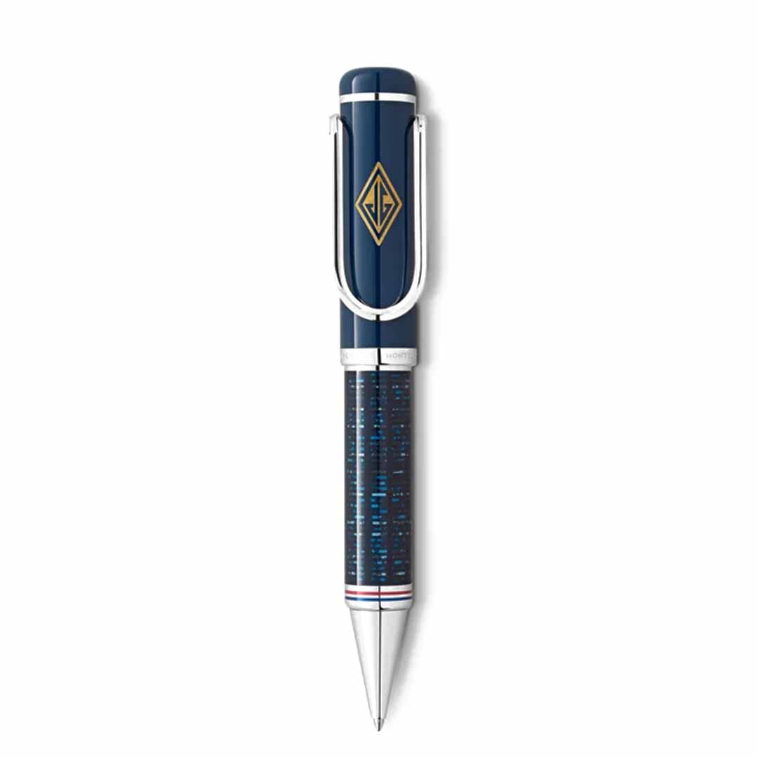 The Montblanc Great Characters Homage to The Great Gatsby Special Edition Ballpoint Pen epitomizes Roaring Twenties sophistication with its sleek dark blue finish, complemented by a silver clip and tip. Embodying opulence akin to The Great Gatsby's era, the pen features a geometric barrel pattern in shades of blue highlighted by a gold emblem near the clip.